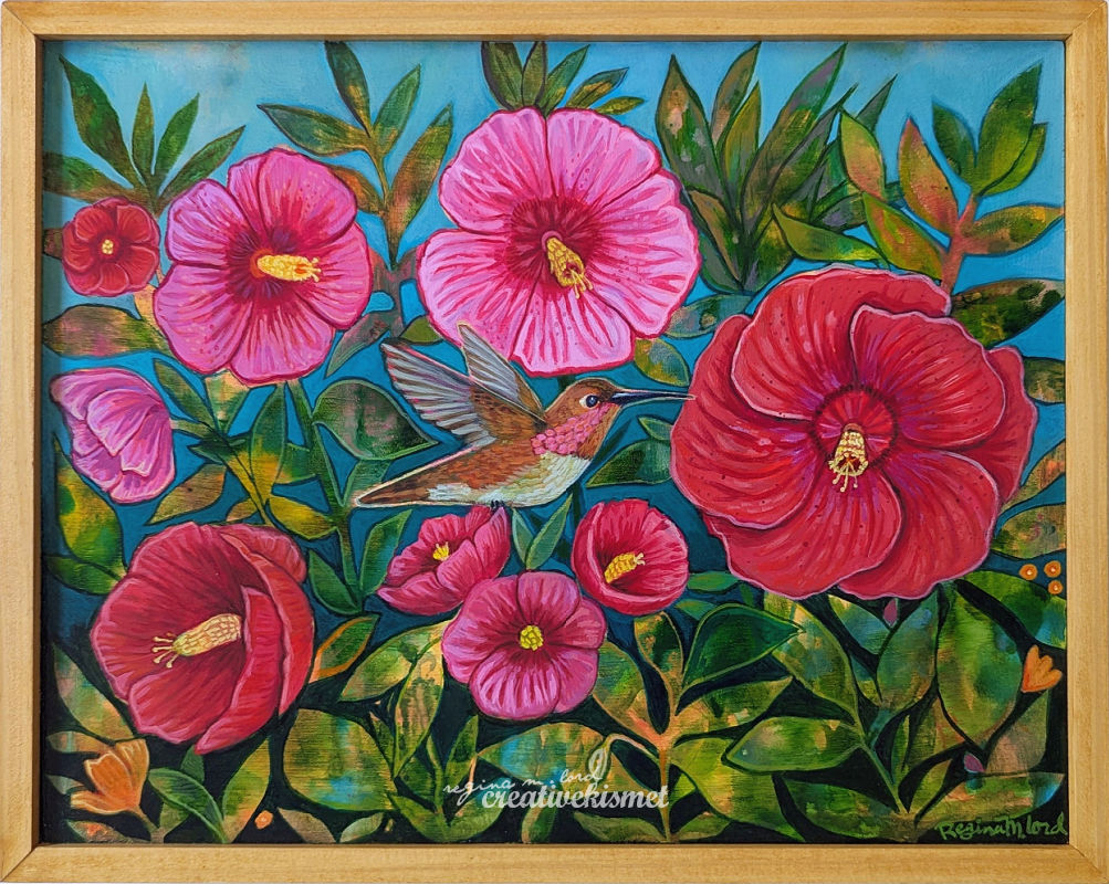 Hibiscus and Hummingbird - 11 x 14 Framed Original Artwork