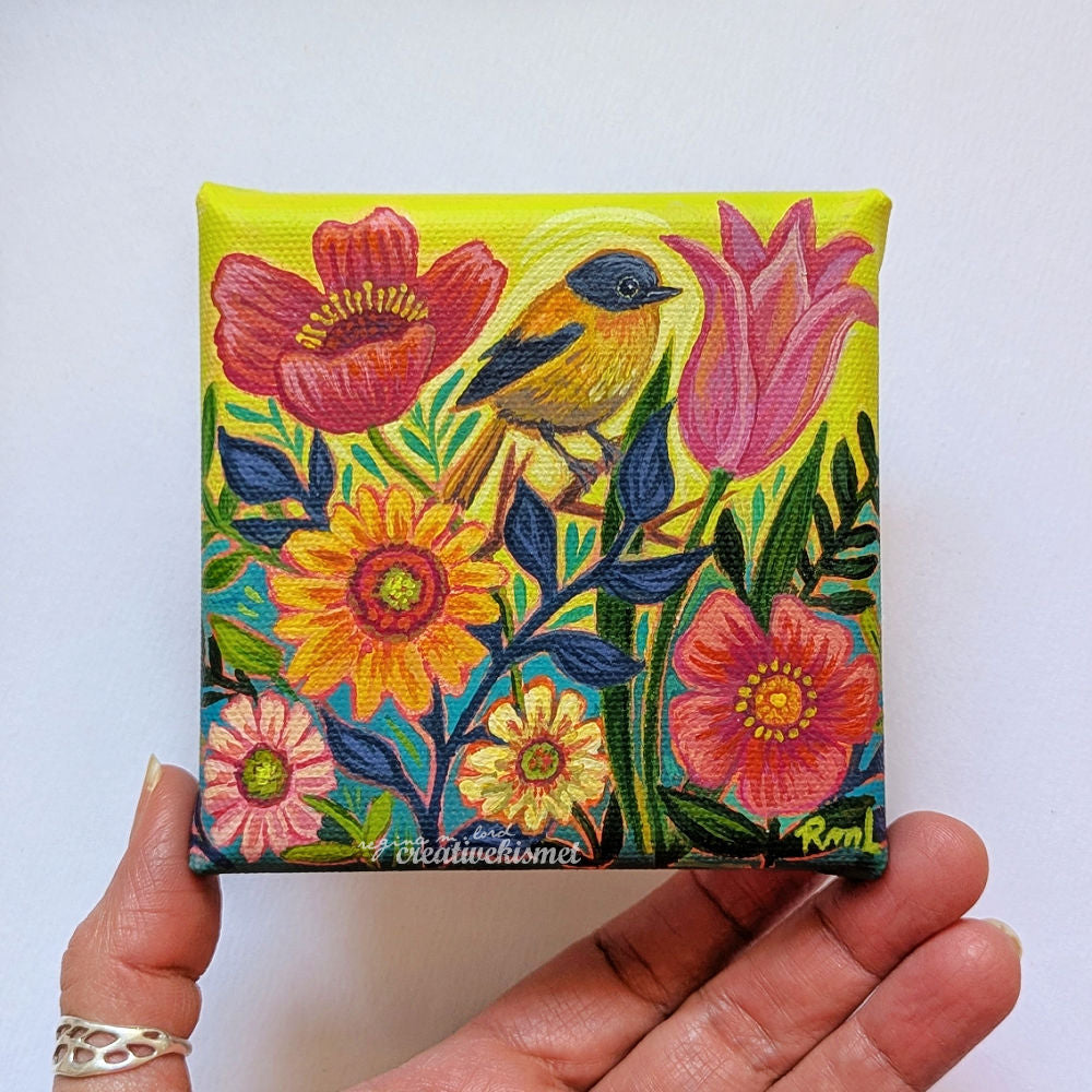 Black and orange flycatcher - 4 x 4 Original Art