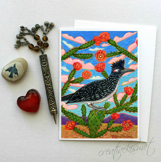 Roadrunner with Cholla Blooms - 5x7 Art Card with Envelope