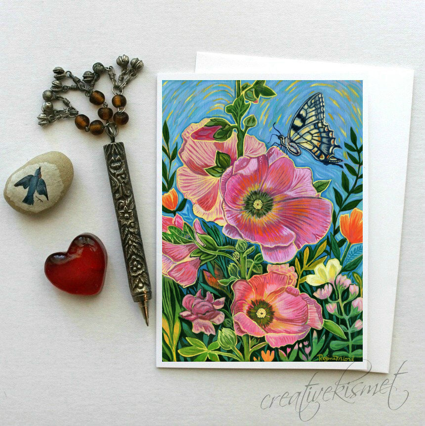 Hollyhocks with Butterfly - 5x7 Art Card with Envelope