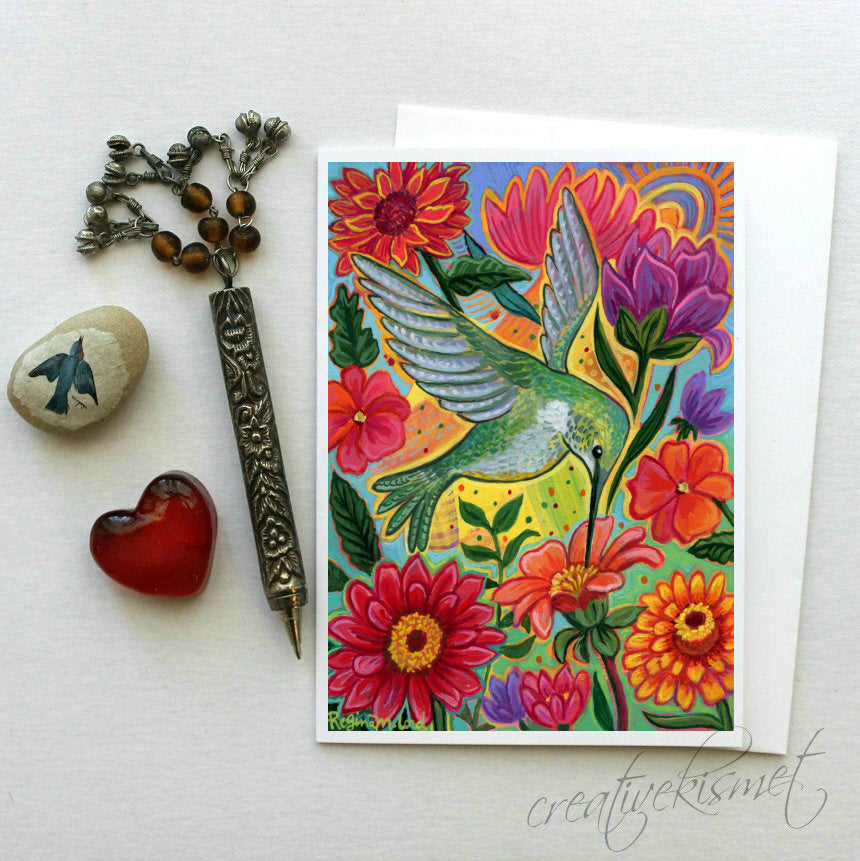 Joyful Floral Hummingbird - 5x7 Art Card with Envelope