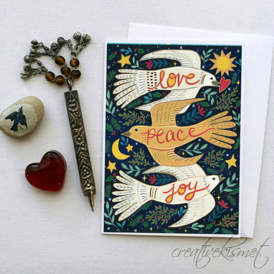 Love, Peace, Joy Birds - 5x7 Art Card with Envelope