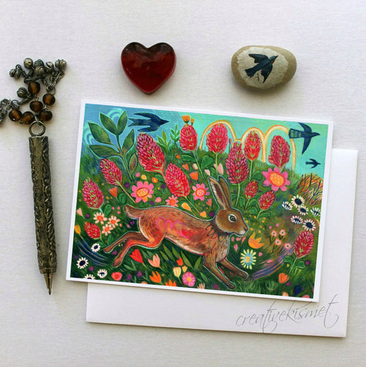Rabbit & Red Clover - 5x7 Art Card with Envelope