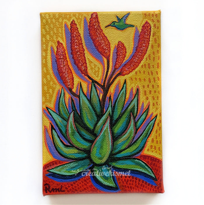 Aloe Bloom with Hummingbird no.2 - 4 x 6 Original Art