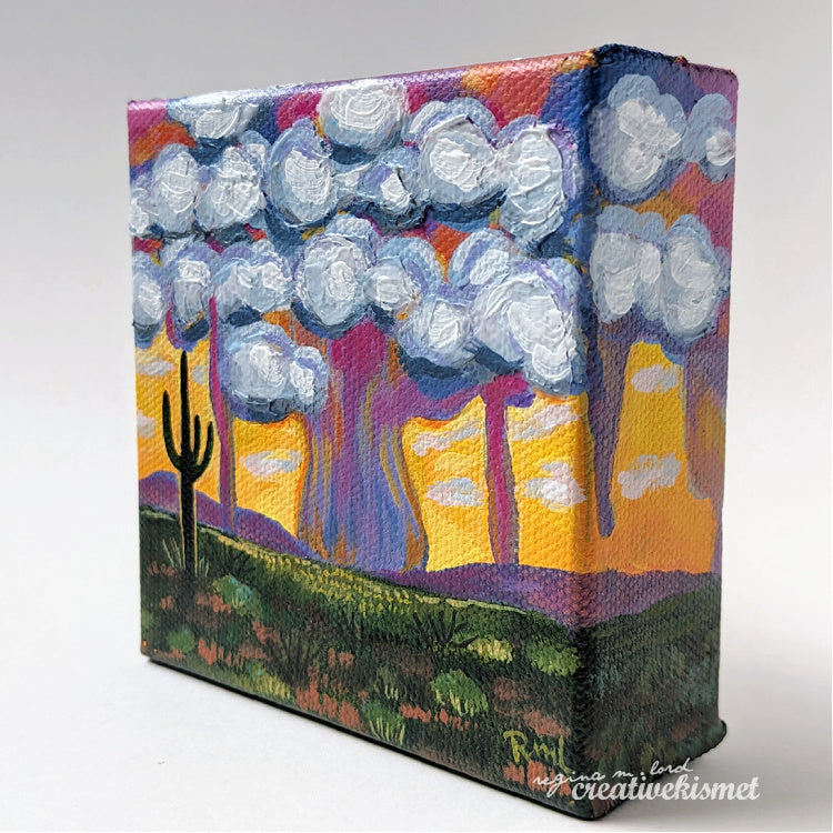 Mini Arizona Landscape - Sunshine Monsoon - 4 x 4 Original Artwork