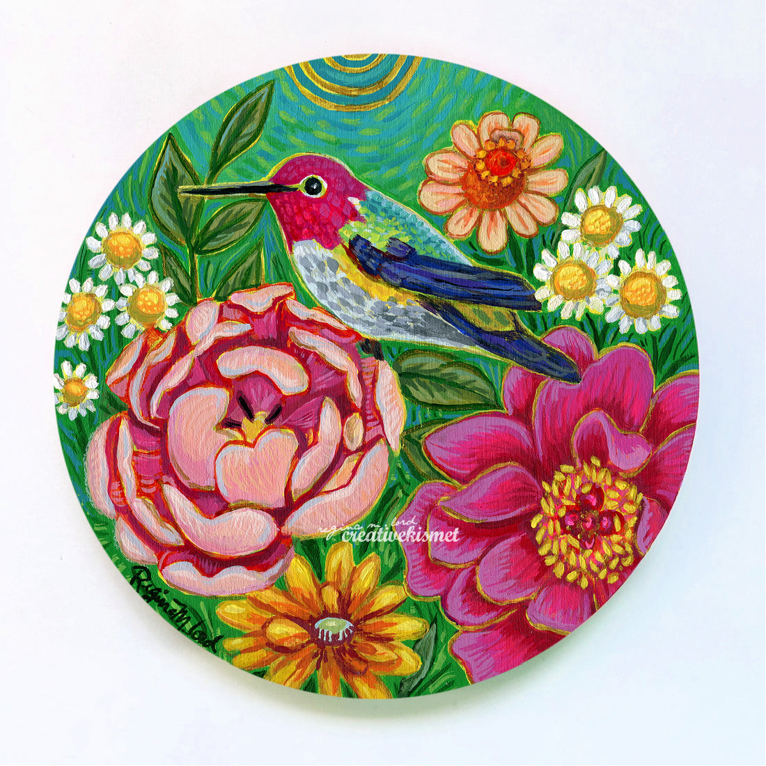 Golden Hummingbird - 6" Round Original Artwork