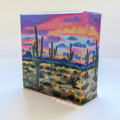 Mini Arizona Landscape - Cotton Candy Desert Sky - 4 x 4 Original Artwork