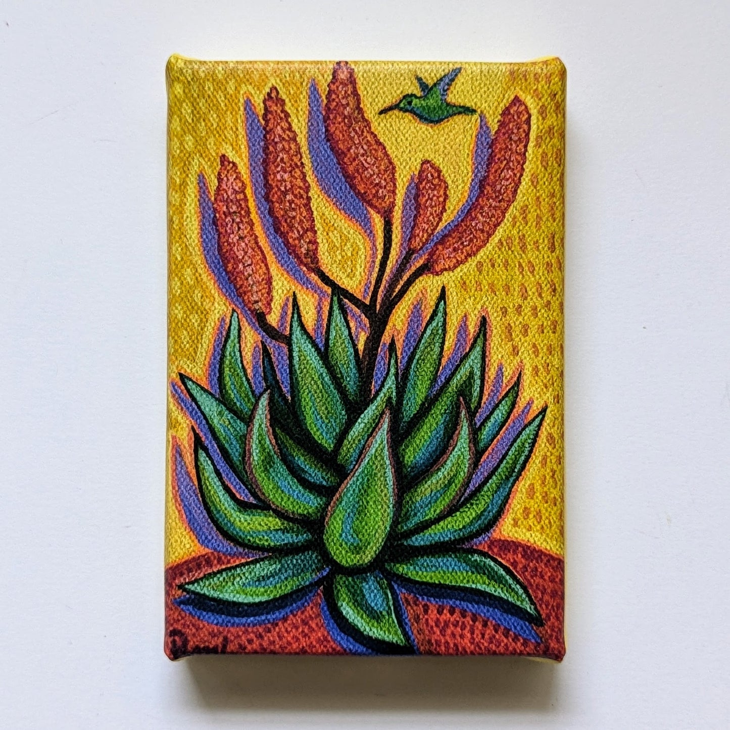 Canvas Block Print - Aloe Vera Bloom with Hummingbird