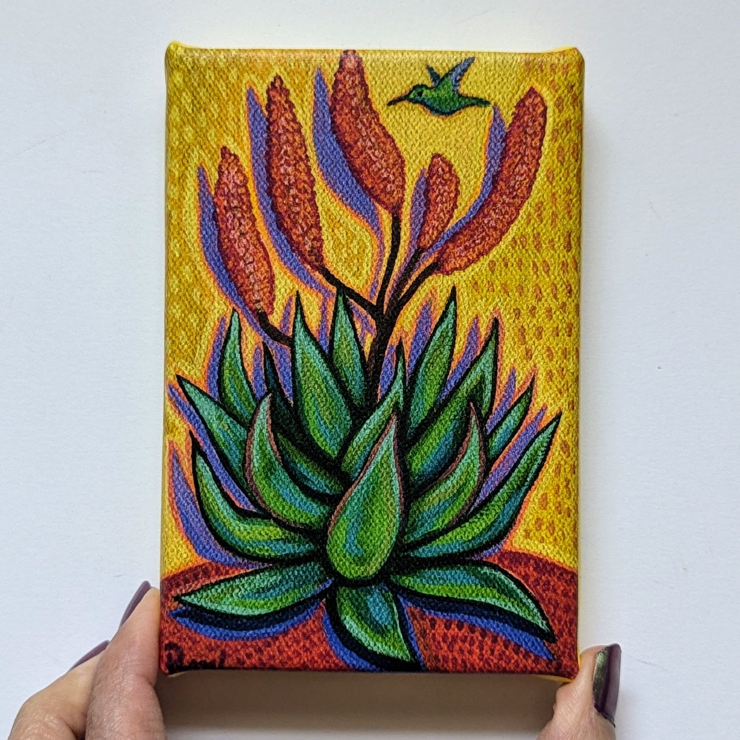 Canvas Block Print - Aloe Vera Bloom with Hummingbird