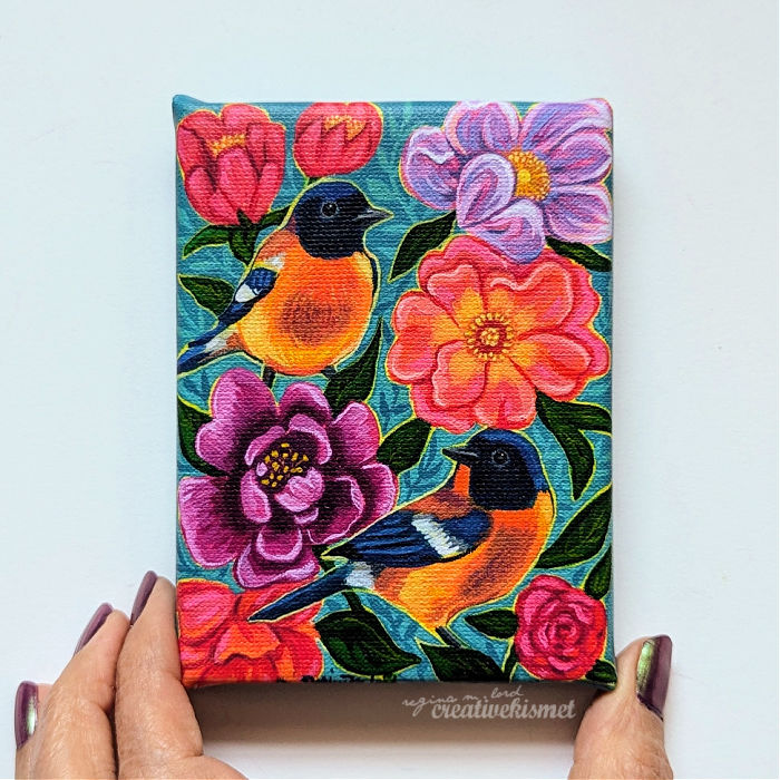 Canvas Block Print - Two Birds in the Flower Garden