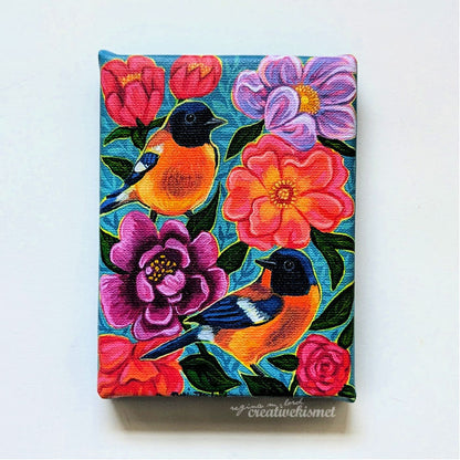 Canvas Block Print - Two Birds in the Flower Garden