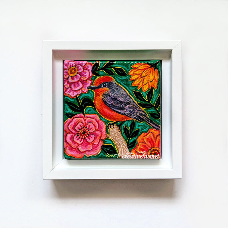 Little Vermillion Flycatcher - 4 x 4 Framed Original Art