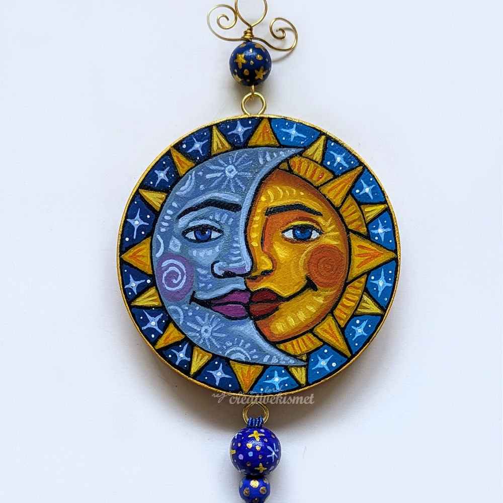 Celestial Sun and Moon - 4" Round Original Artwork with Tassel