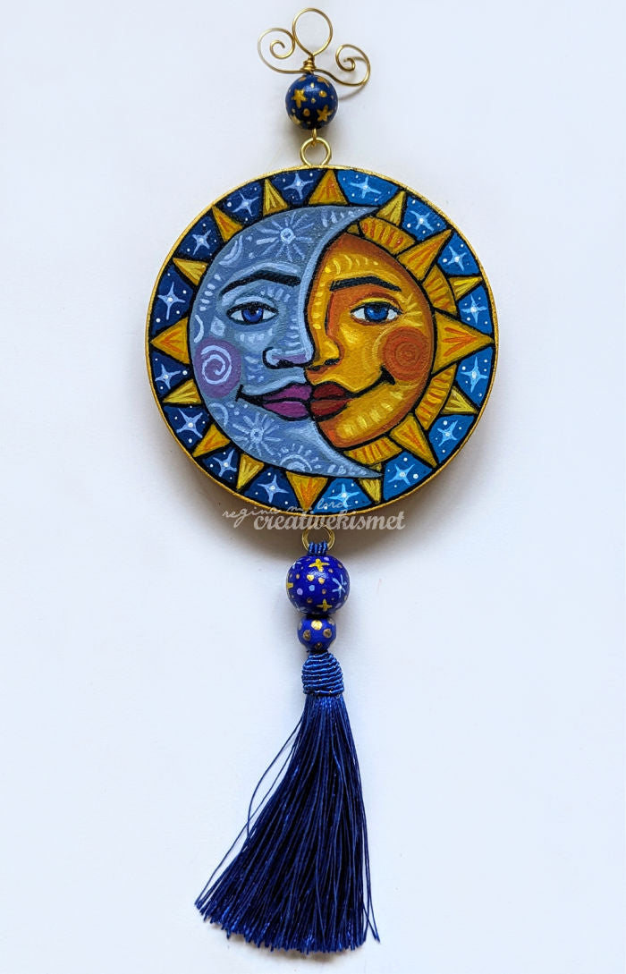 Celestial Sun and Moon - 4" Round Original Artwork with Tassel