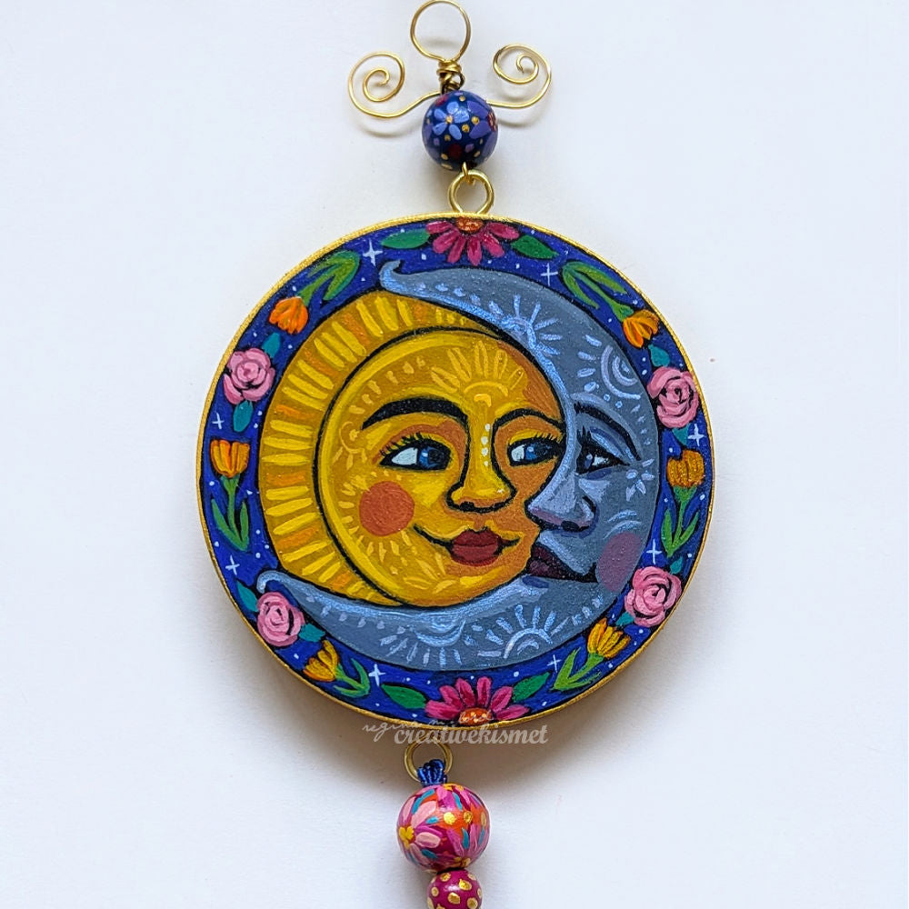 Celestial Sun and Moon Love - 4" Round Original Artwork with Tassel