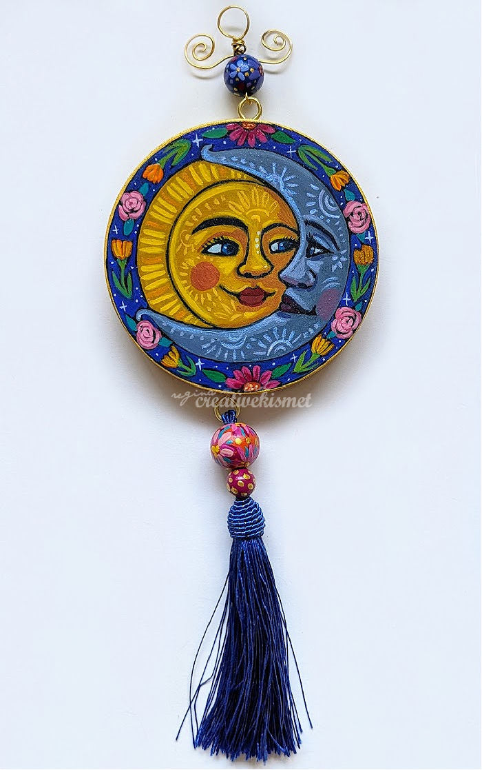 Celestial Sun and Moon Love - 4" Round Original Artwork with Tassel