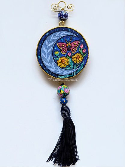 Celestial Flower Moon no.6 - 3" Round Original Artwork with Tassel