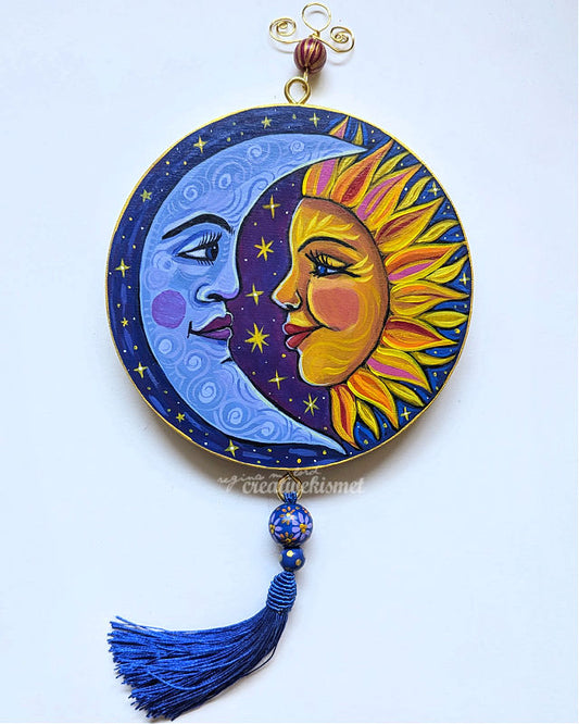 Celestial Sun and Moon Love - 6" Round Original Artwork with Tassel