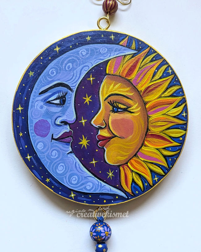 Celestial Sun and Moon Love - 6" Round Original Artwork with Tassel