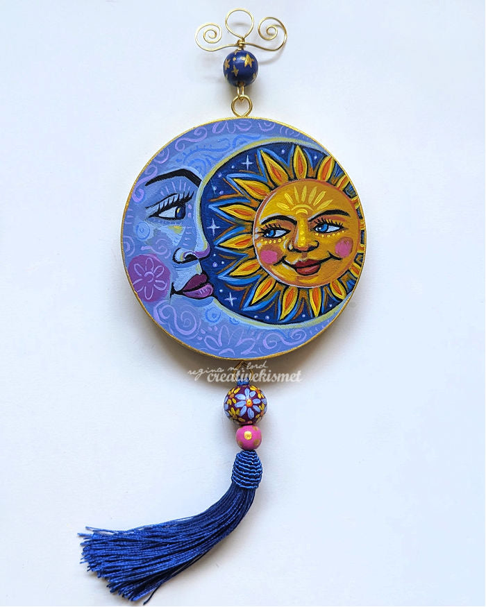 Celestial Sun and Moon - 4" Round Original Artwork with Tassel