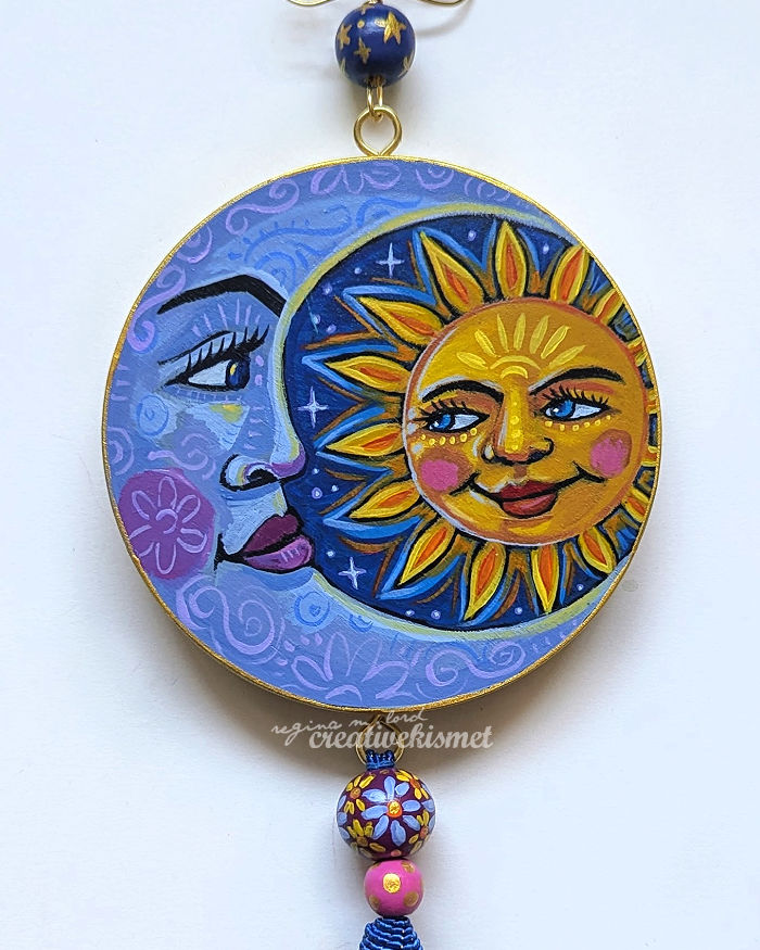 Celestial Sun and Moon - 4" Round Original Artwork with Tassel