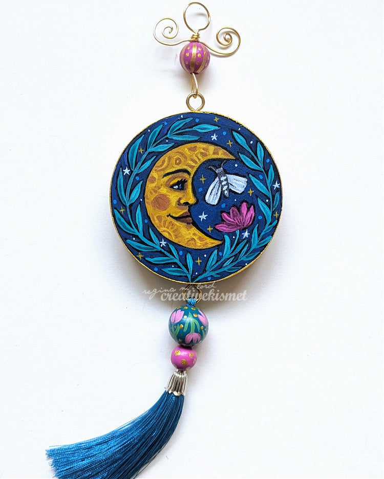 Celestial Flower Moon with Moth - 3" Round Original Artwork with Tassel