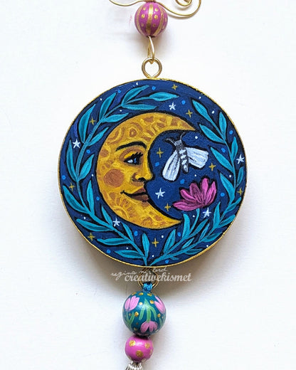 Celestial Flower Moon with Moth - 3" Round Original Artwork with Tassel