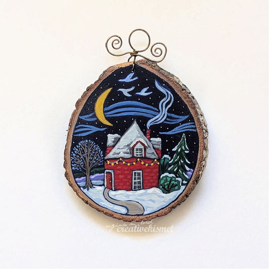 2024 Wood Slice Ornament - Winter Cottage