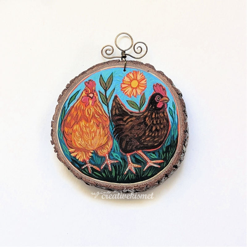 2024 Wood Slice Ornament - Two Chickens