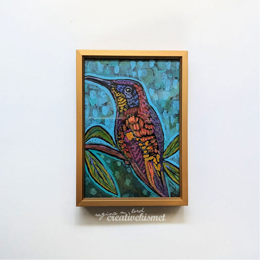 Crimson Topaz Hummingbird - Male - 3.5 x 5 Framed Original Painting