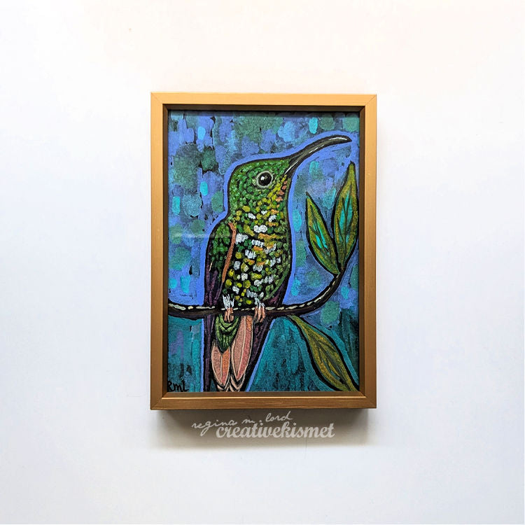 Crimson Topaz Hummingbird - Female - 3.5 x 5 Framed Original Painting