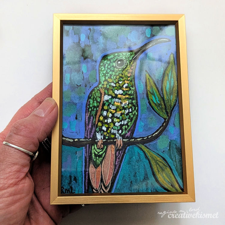 Crimson Topaz Hummingbird - Female - 3.5 x 5 Framed Original Painting