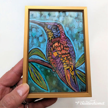 Crimson Topaz Hummingbird - Male - 3.5 x 5 Framed Original Painting