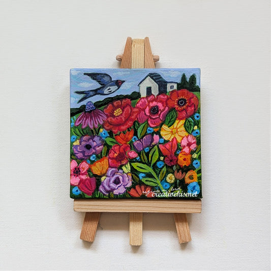 Mini Birds & Blooms - Swallow's Garden - 3 x 3 Original Art