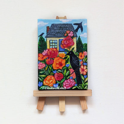 Mini Birds & Blooms - Raven House - 2.5 x 3.5 Original Art