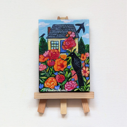 Mini Birds & Blooms - Raven House - 2.5 x 3.5 Original Art