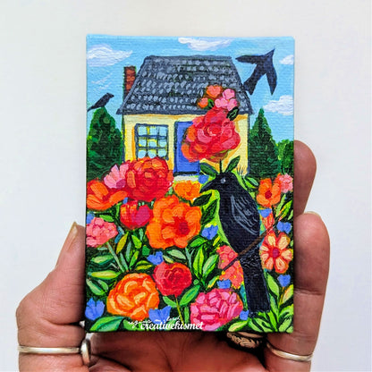 Mini Birds & Blooms - Raven House - 2.5 x 3.5 Original Art