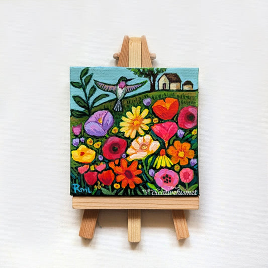 Mini Birds & Blooms - Hummingbird Visit - 3 x 3 Original Art