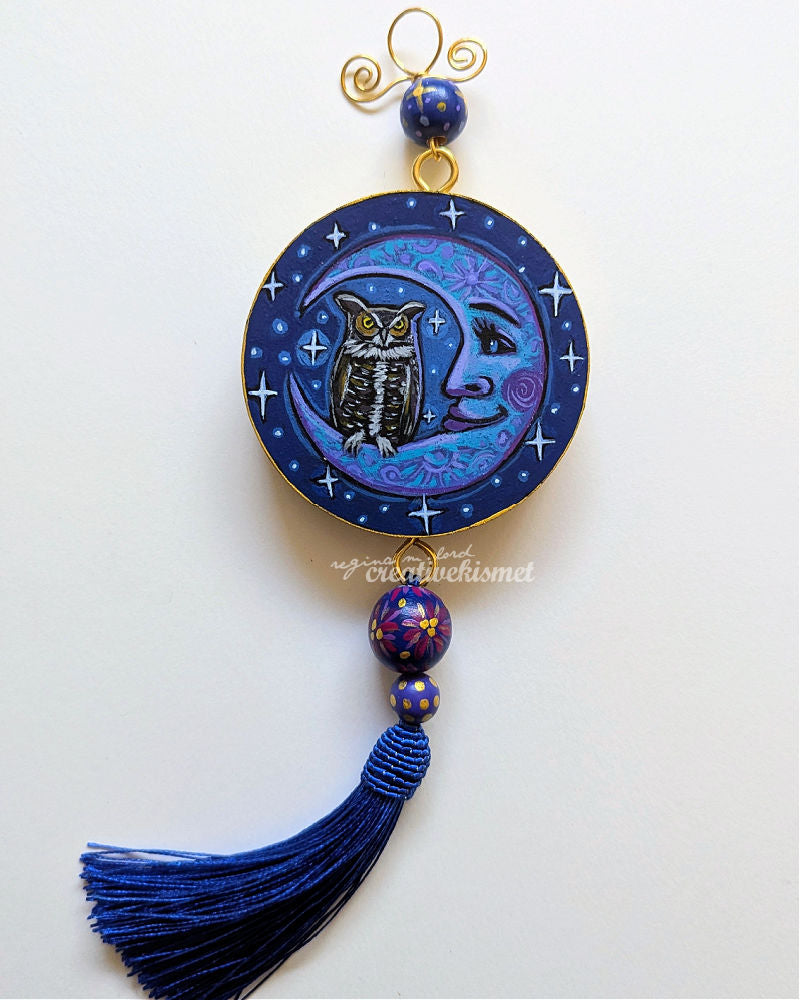 Celestial Owl Moon - 3" Round Original Artwork with Tassel