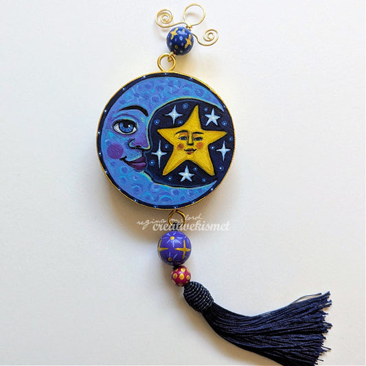 Celestial Star & Moon - 3" Round Original Artwork with Tassel