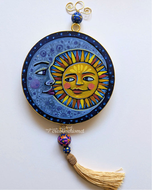 Celestial Sun and Moon - 5" Round Original Artwork with Tassel