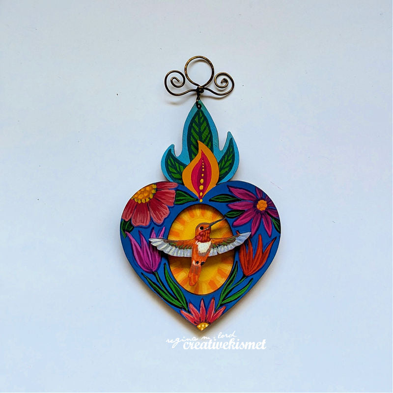 Burning Heart Ornament - Orange Hummingbird no.3 (Blue)