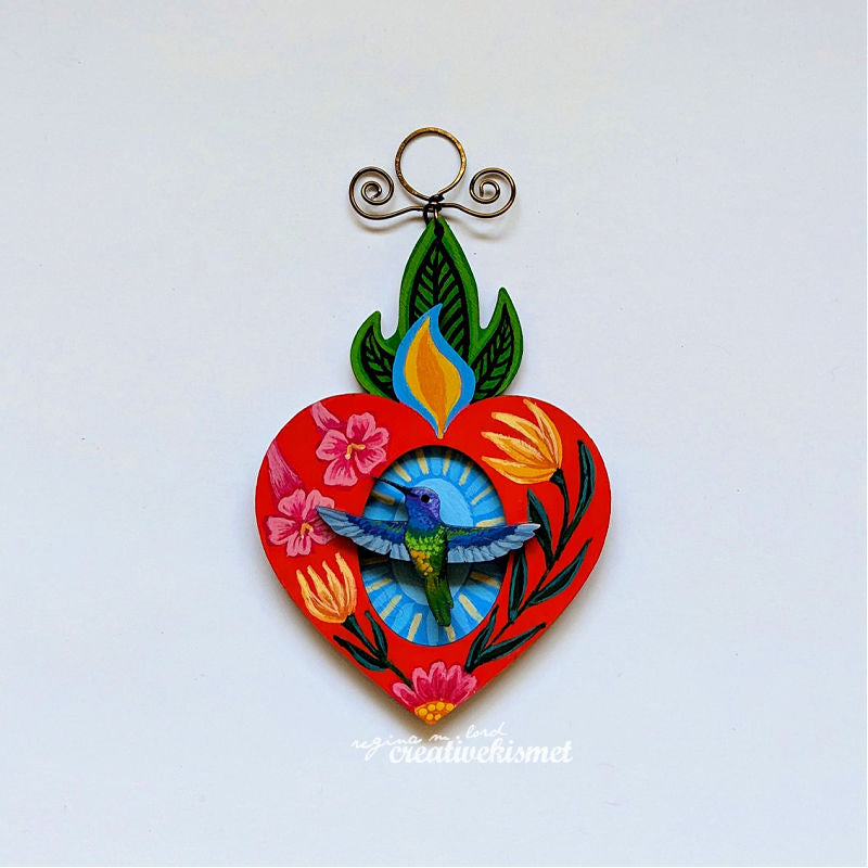 Burning Heart Ornament - Hummingbird no.4 (Red-Orange)