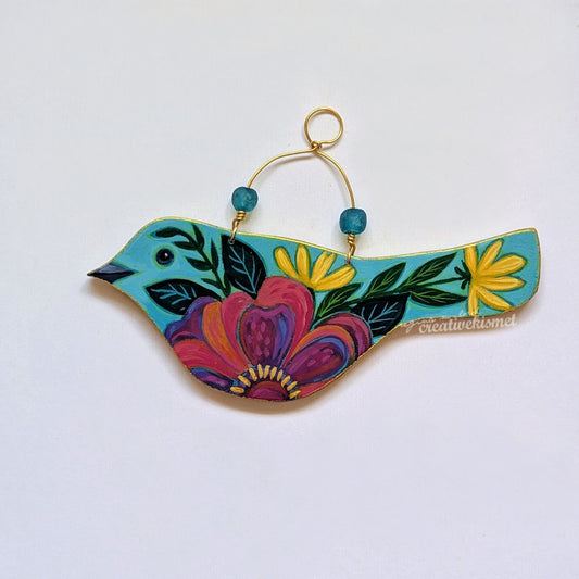 Flower Bird No. 5 - Aqua Blue Bird with Bold Bloom