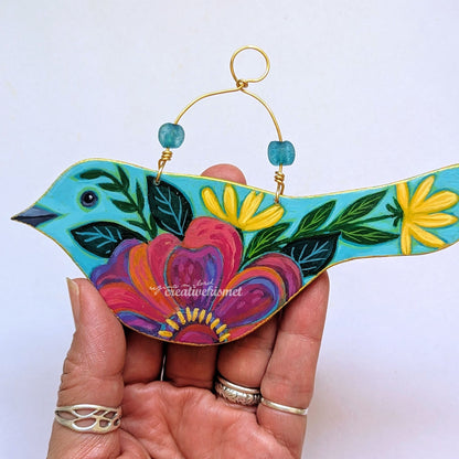 Flower Bird No. 5 - Aqua Blue Bird with Bold Bloom