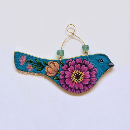 Flower Bird No. 1 - Turquoise Bird with Zinnia