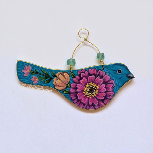 Flower Bird No. 1 - Turquoise Bird with Zinnia