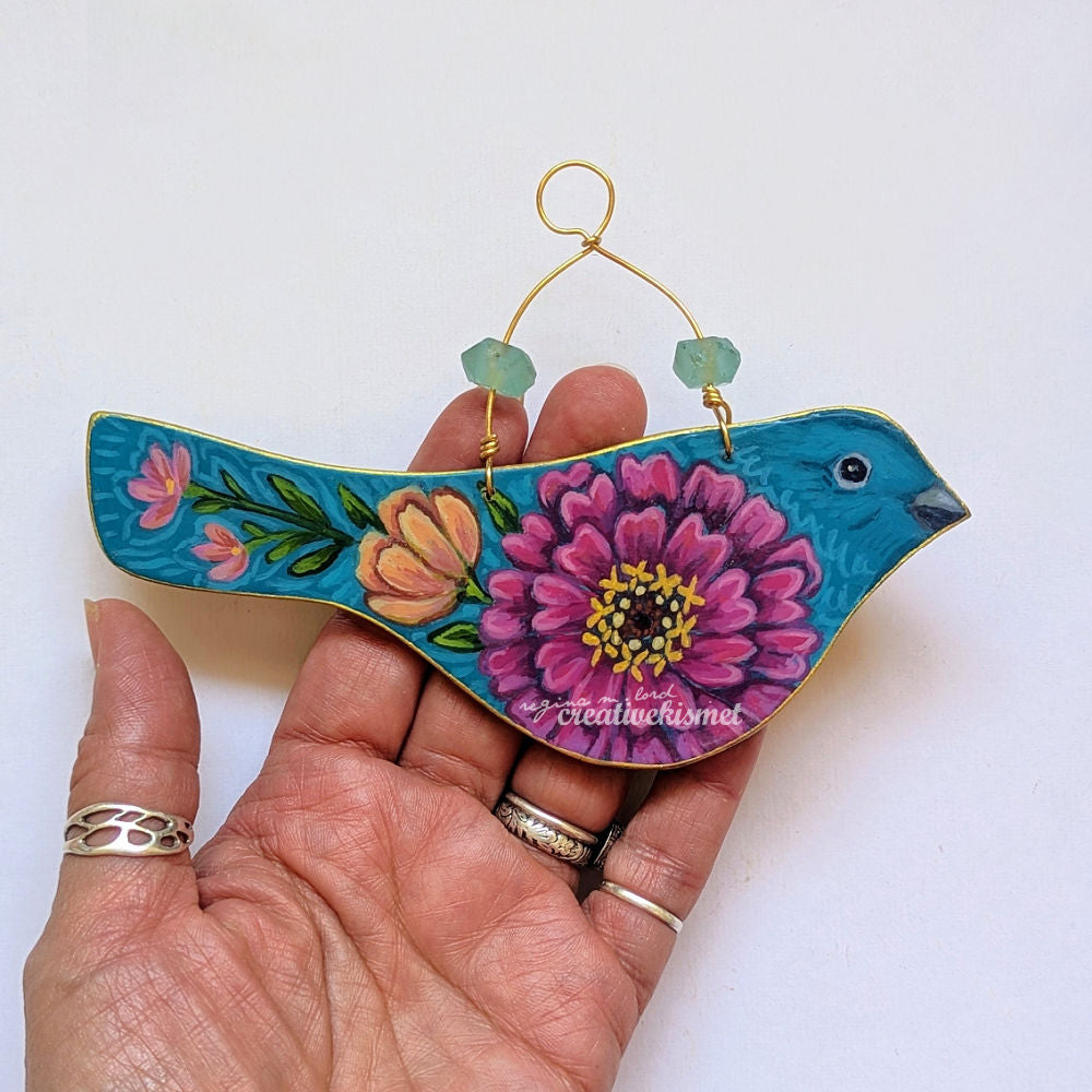 Flower Bird No. 1 - Turquoise Bird with Zinnia