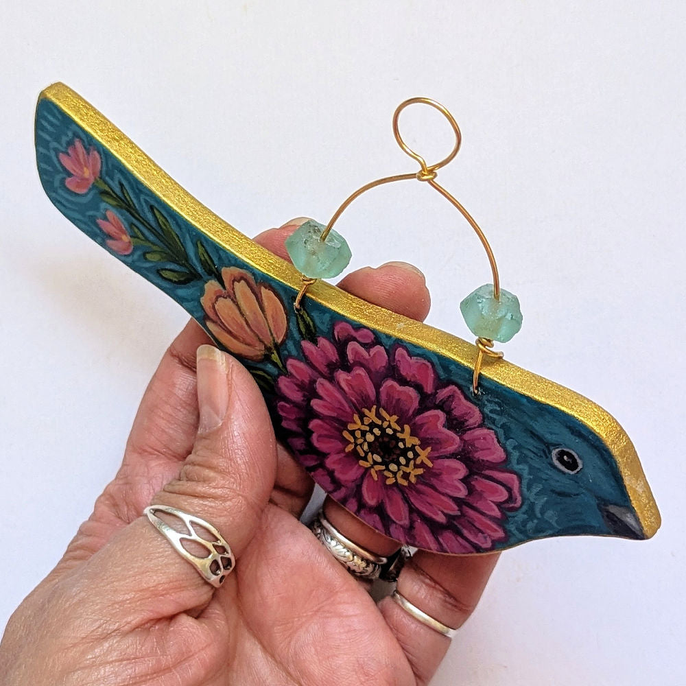 Flower Bird No. 1 - Turquoise Bird with Zinnia