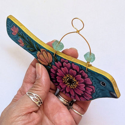 Flower Bird No. 1 - Turquoise Bird with Zinnia